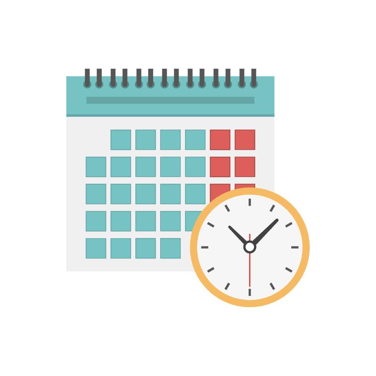 Graphic image of a blue and red calendar and a yellow clock to represent the concept of time.