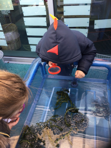 Two young pupils, a boy and a girl, are pictured looking at some algae in a water tank with magnifying glasses in their hands.